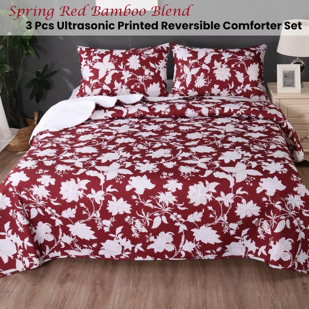 Ramesses Spring Red 3 Pcs Bamboo Blend Ultrosonic Reversible Comforter Set King - V442-KIT-COMFORTER-3PCSSPRING-RED-KI V442 KIT COMFORTER 3PCSSPRING RED KI 173700 01
