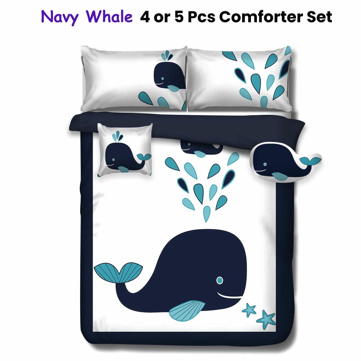 Ramesses Navy Whale Kids Advventure 5 Pcs Comforter Set Double - V442-KIT-COMFORTER-WHALE-NAVY-DS V442 KIT COMFORTER WHALE NAVY DS 173554 01