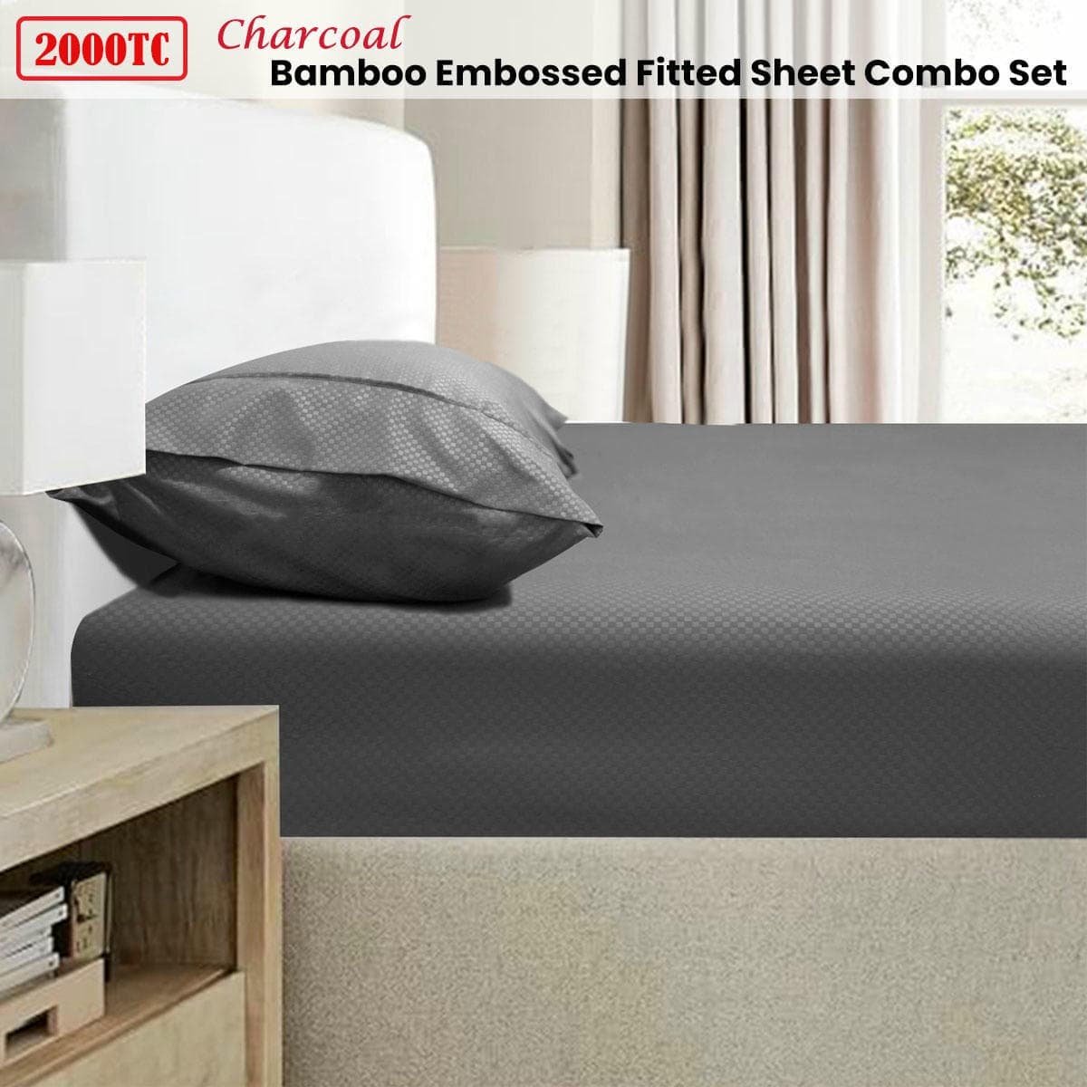 Ramesses 2000TC Bamboo Embossed Fitted Sheet Combo Set Charcoal King Single - V442-KIT-FITTEDSS-2000TCBAMBOO-CHARCOAL-KS V442 KIT FITTEDSS 2000TCBAMBOO CHARCOAL KS 174764 01