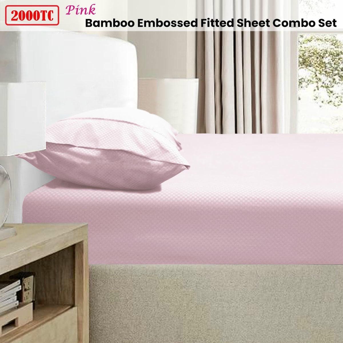 Ramesses 2000TC Bamboo Embossed Fitted Sheet Combo Set Pink King - V442-KIT-FITTEDSS-2000TCBAMBOO-PINK-KI V442 KIT FITTEDSS 2000TCBAMBOO PINK KI 174783 01