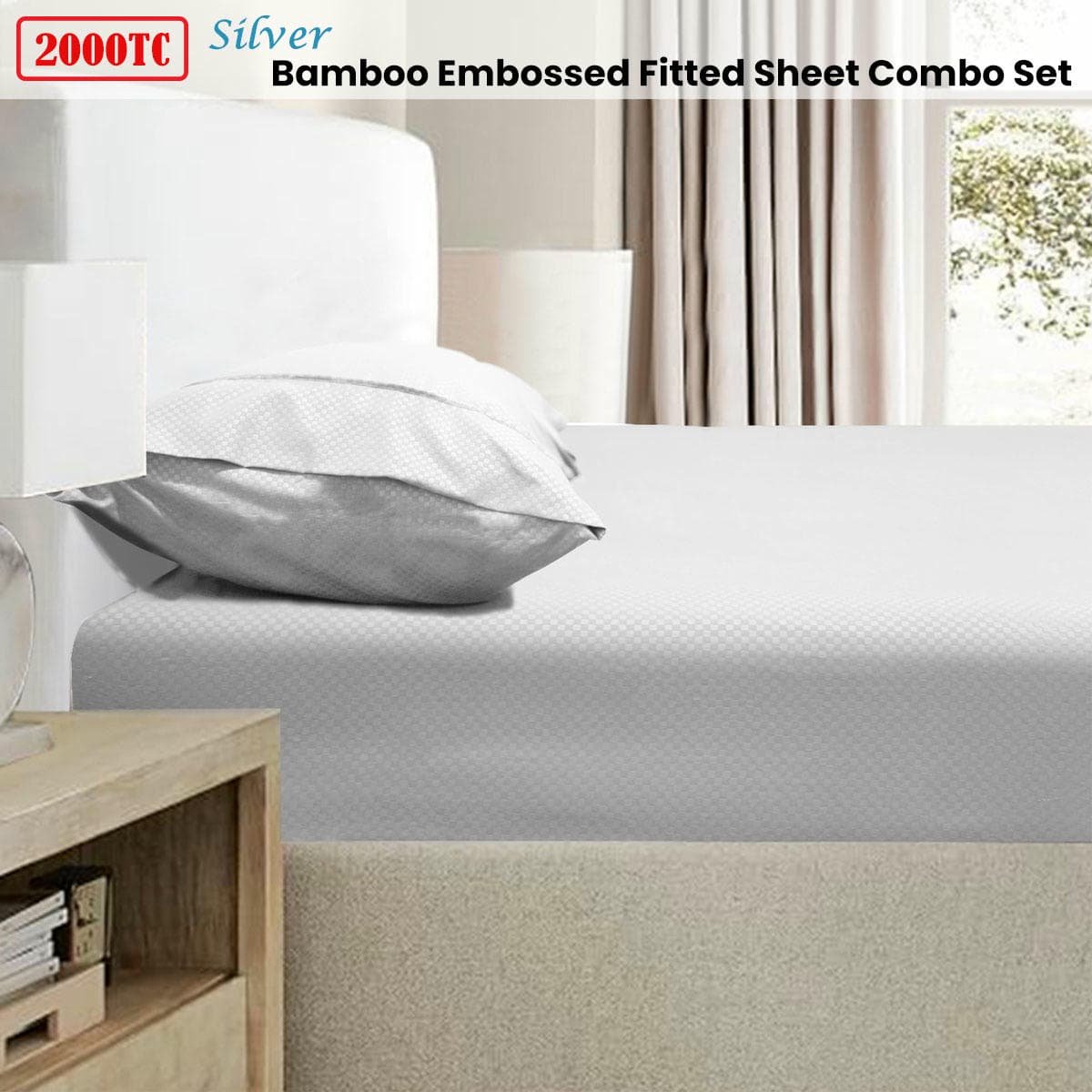 Ramesses 2000TC Bamboo Embossed Fitted Sheet Combo Set Silver Double - V442-KIT-FITTEDSS-2000TCBAMBOO-SILVER-DS V442 KIT FITTEDSS 2000TCBAMBOO SILVER DS 174770 01
