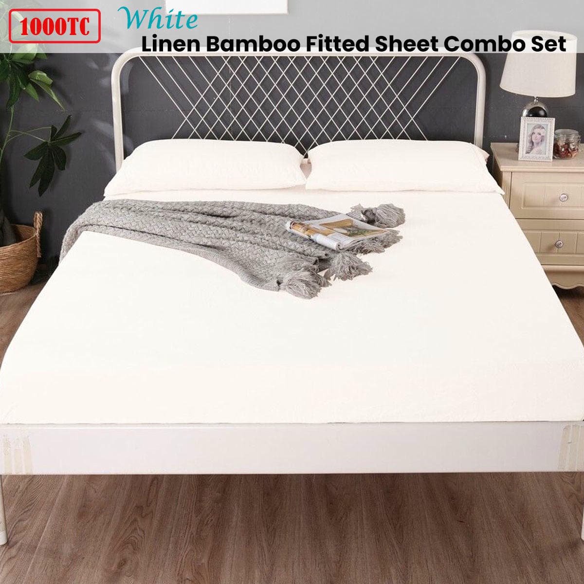 Ramesses 1000TC Linen Bamboo Fitted Sheet Combo Set White Double - V442-KIT-FITTEDSS-LINENBAMBOO-WHITE-DS V442 KIT FITTEDSS LINENBAMBOO WHITE DS 174639 01