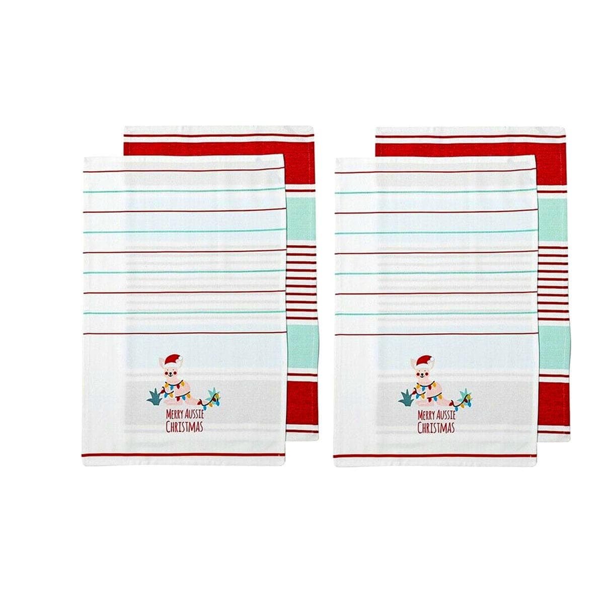 Ladelle Australiana Aussie Animal Kangaroo Christmas Set of 4 Cotton Kitchen Towels - V442-LDE-TEAT-AUSSIEKANGAROOSETOF4-WHITE-RE Ladelle Australiana Aussie Animal Kangaroo Christmas Set of 4 Cotton Kitchen Towels