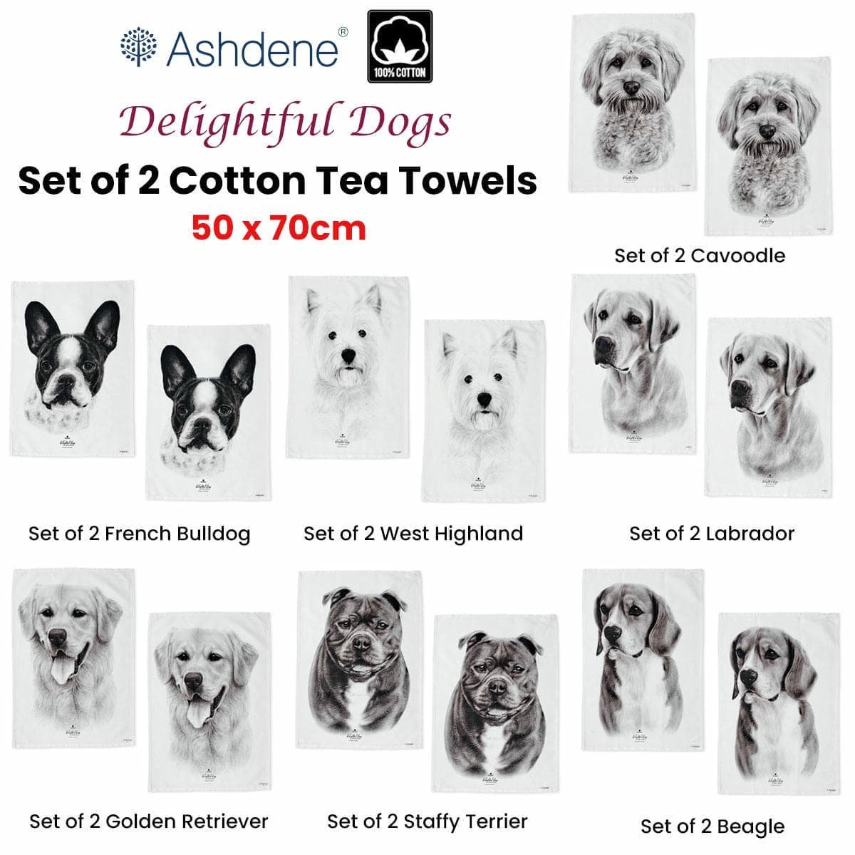 Set of 2 Delightful Dogs Cotton Kitchen Tea Towels 50 x 70 cm Beagle - V442-LDE-TEAT-BEAGLESETOF2-WHITE-RE Set of 2 Delightful Dogs Cotton Kitchen Tea Towels 50 x 70 cm Beagle - Image 3