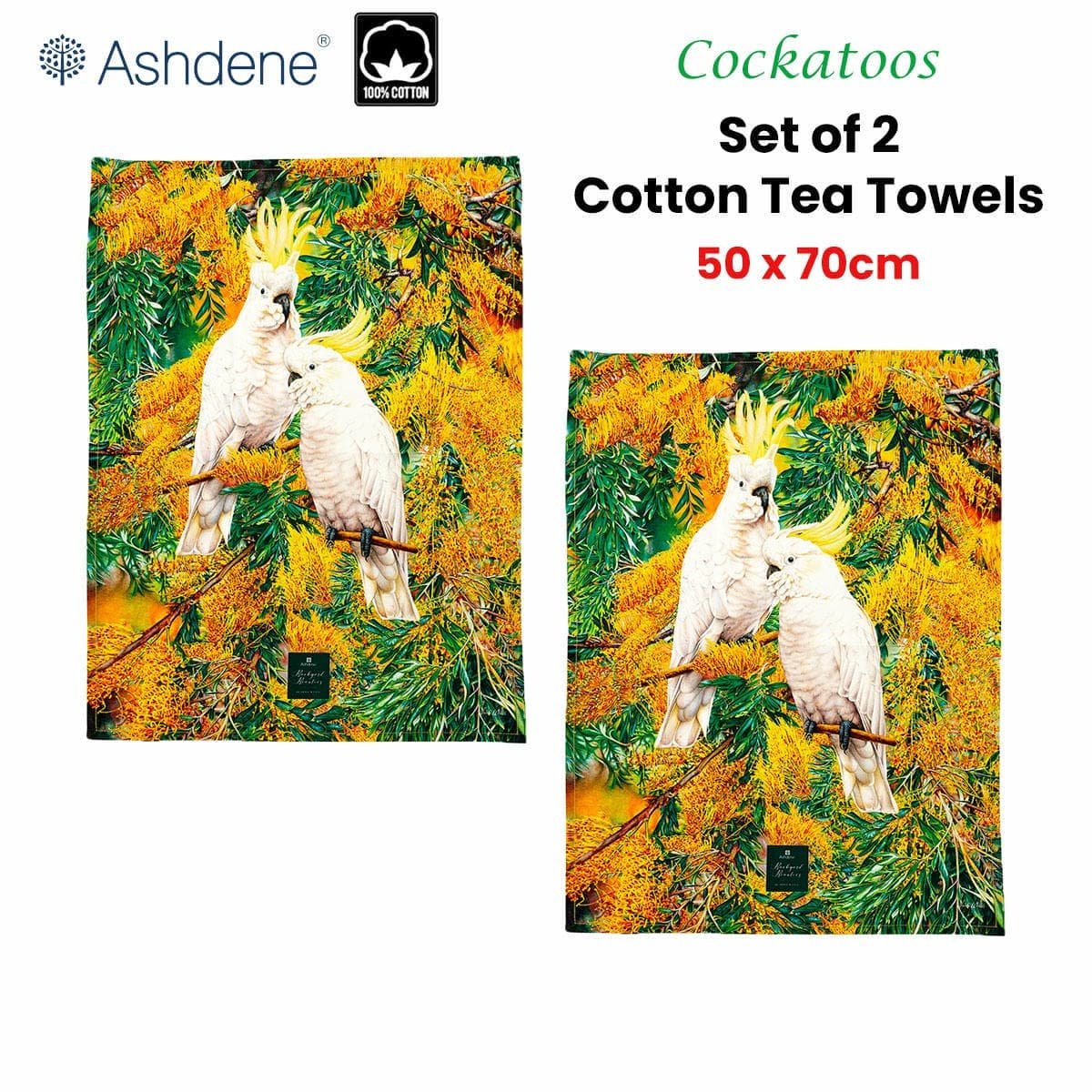 Set of 2 Backyard Beauties Kitchen Tea Towels Cockatoos 50 x 70 cm - V442-LDE-TEAT-COCKATOOSSETOF2-YELLOW-RE Set of 2 Backyard Beauties Kitchen Tea Towels Cockatoos 50 x 70 cm - Image 2