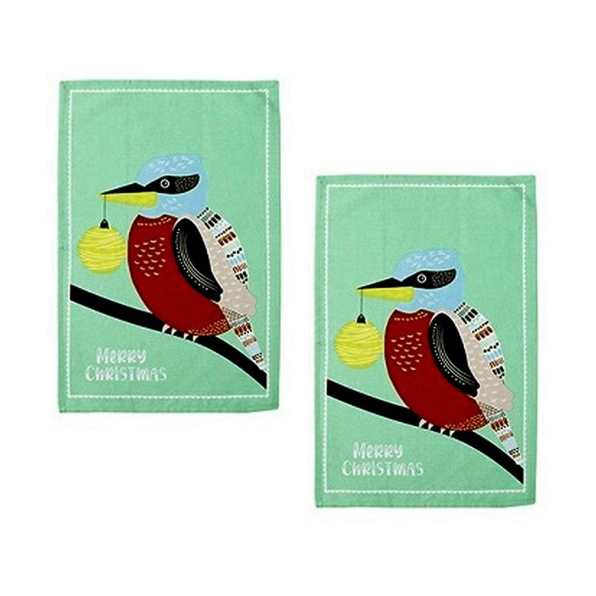 Ladelle Australiana Bird Drawing Set of 2 Cotton Kitchen Towels Kookaburras - V442-LDE-TEAT-OZSETOF2KOOKABURRAS-GREEN-RE Ladelle Australiana Bird Drawing Set of 2 Cotton Kitchen Towels Kookaburras