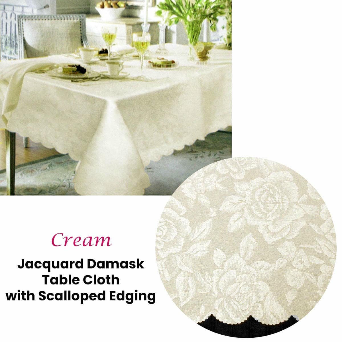 Jacquard Damask Design with Scalloped Edging Table Cloth Cream 150 x 220 cm - V442-LYL-TABLEC-JACQDAMASK220-CREAM-RE V442 LYL TABLEC JACQDAMASK220 CREAM RE 189774 01