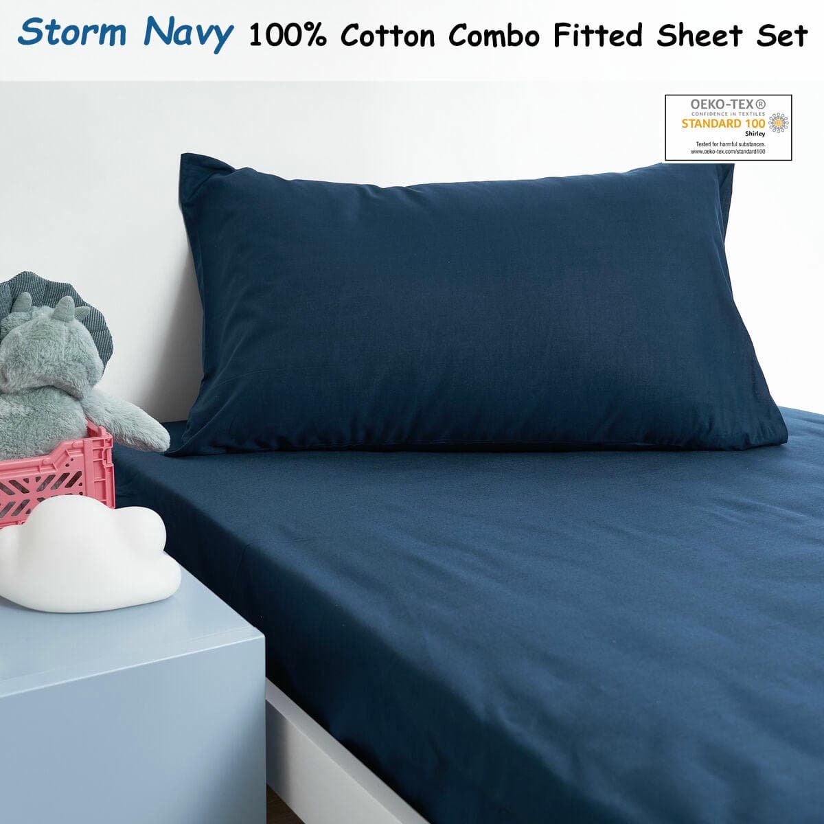 Minikins Junior Cotton Combo Fitted Sheet Set Storm Navy Single - V442-SIM-FITTEDSS-SOLID-STORMNAVY-SB V442 SIM FITTEDSS SOLID STORMNAVY SB 213089 01