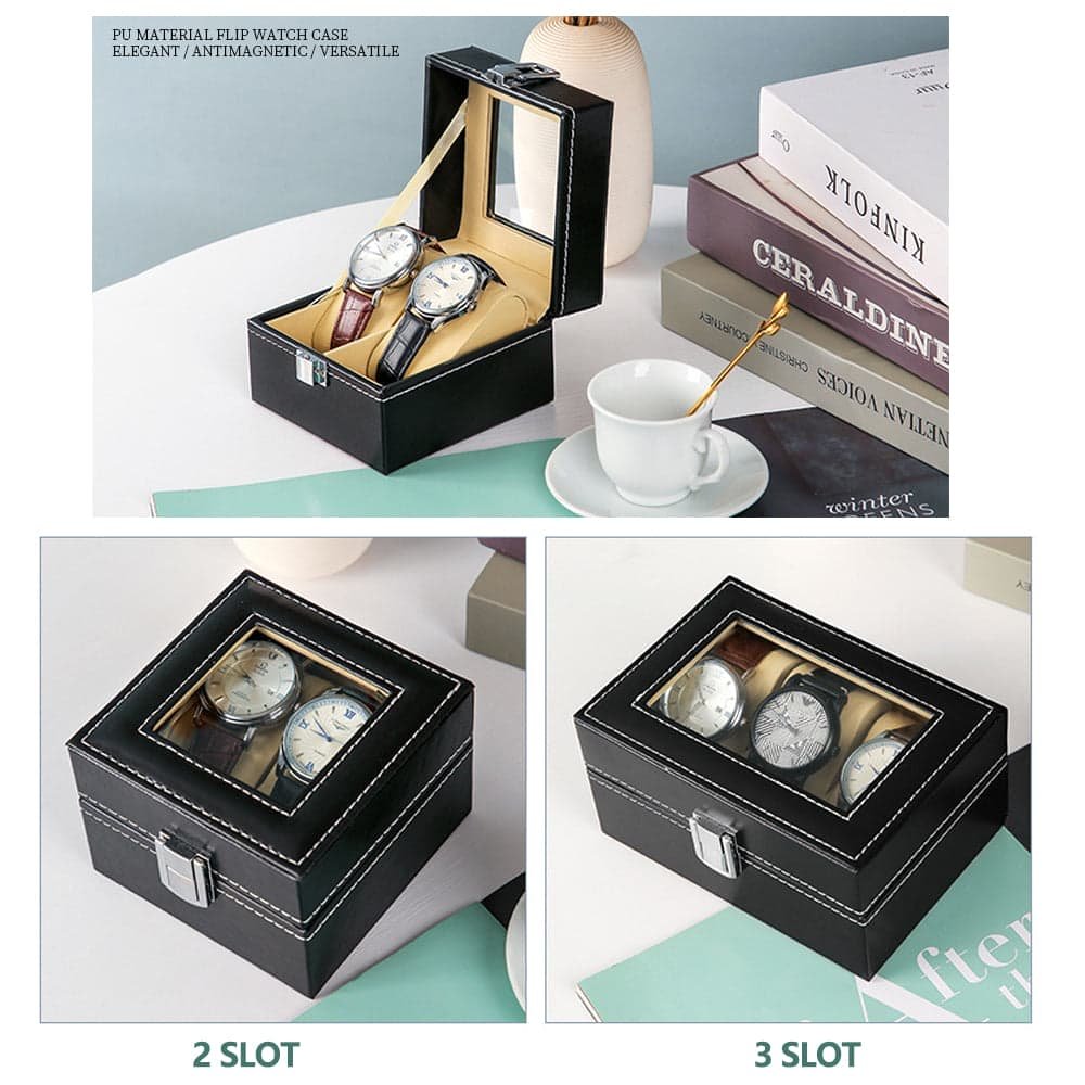 Watch Box Organizer Case Jewelry Display Tray Glass Top PU Leather(2 Slot) - V462-FB-81-01 Watch Box Organizer Case Jewelry Display Tray Glass Top PU Leather(2 Slot) - Image 3
