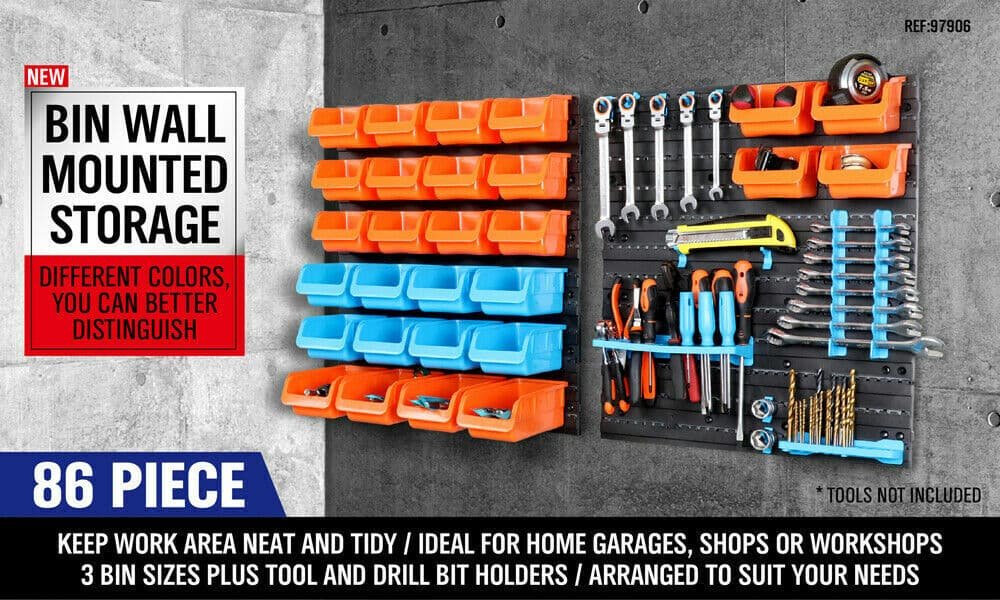 86Pc Wall Mounted Parts Storage Bins Tool Holder Rack Workshop Organiser - V465-SDY-57716 86Pc Wall Mounted Parts Storage Bins Tool Holder Rack Workshop Organiser - Image 2
