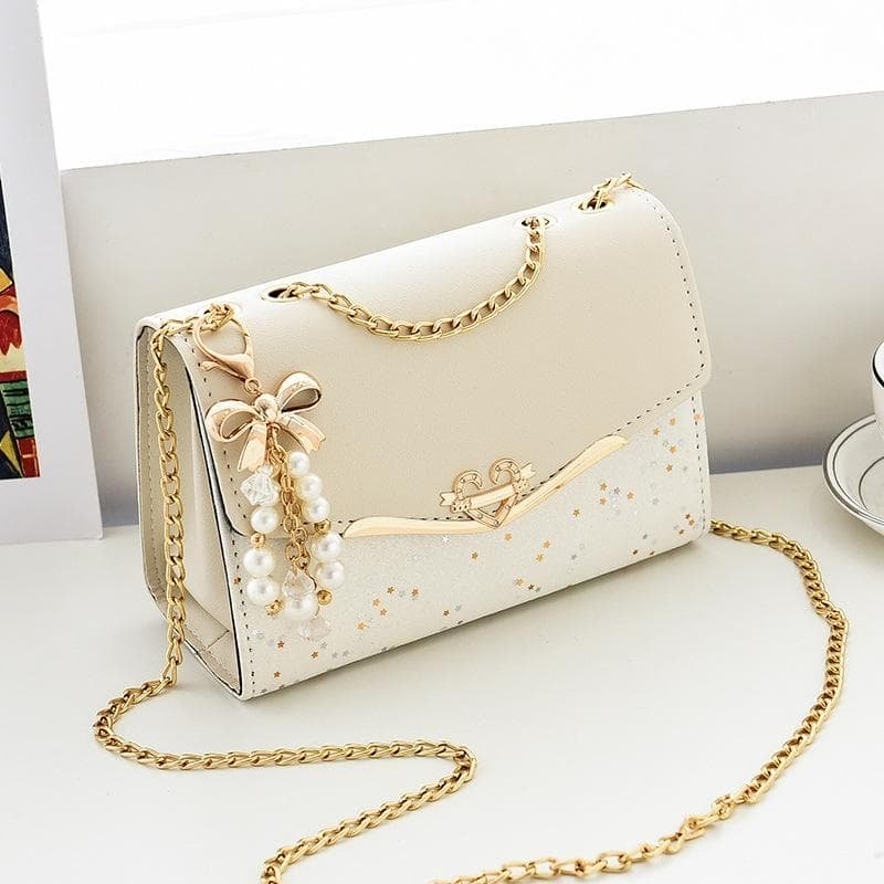 Sequined Messenger Shoulder Bag For Women Beige - Red With Pendant - V562-8004193060DBT V562 8004193060DBT 202505191530 09