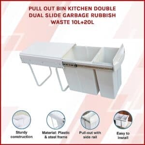 Pull Out Bin Kitchen Double Dual Slide Garbage Rubbish Waste 10L+20L - V63-824211