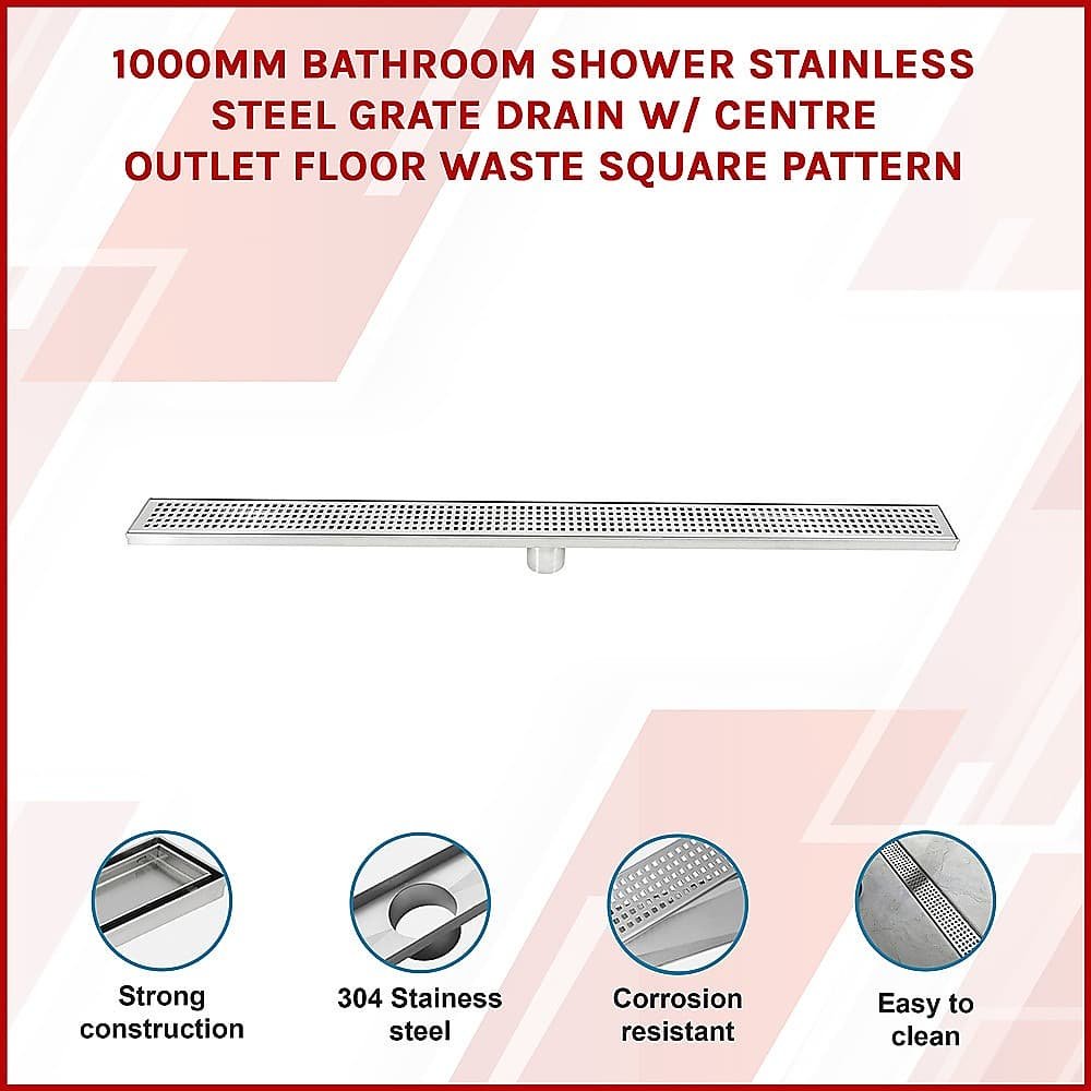 1000mm Bathroom Shower Stainless Steel Grate Drain w/Centre outlet Floor Waste Square Pattern - V63-832821 1000mm Bathroom Shower Stainless Steel Grate Drain w/Centre outlet Floor Waste Square Pattern - Image 3