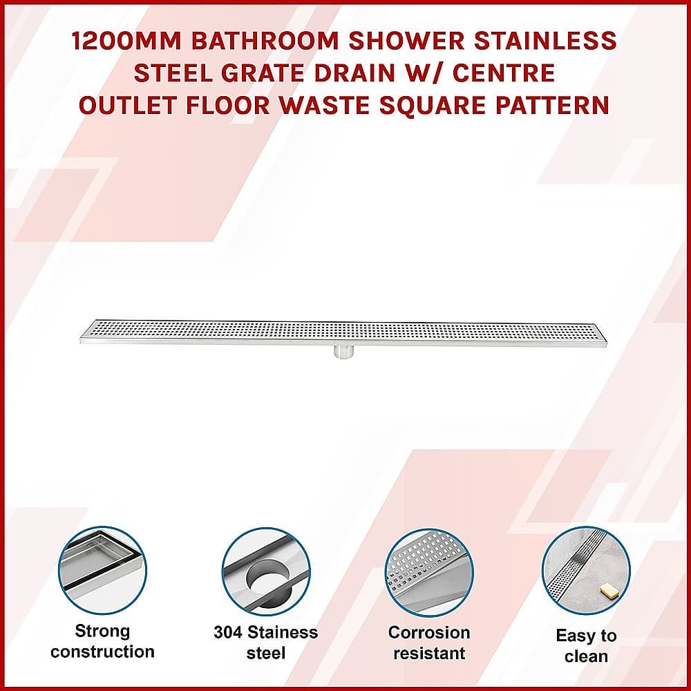 1200mm Bathroom Shower Stainless Steel Grate Drain w/Centre outlet Floor Waste Square Pattern - V63-832831 1200mm Bathroom Shower Stainless Steel Grate Drain w/Centre outlet Floor Waste Square Pattern - Image 3