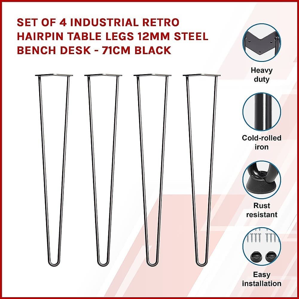 Set of 4 Industrial Retro Hairpin Table Legs 12mm Steel Bench Desk - 71cm Black - V63-835001 Set of 4 Industrial Retro Hairpin Table Legs 12mm Steel Bench Desk - 71cm Black - Image 3