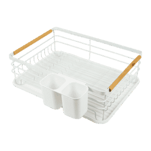 Metal Dish Drying Rack Drainboard Holder Tray Kitchen Plates Cutlery Wood Handle