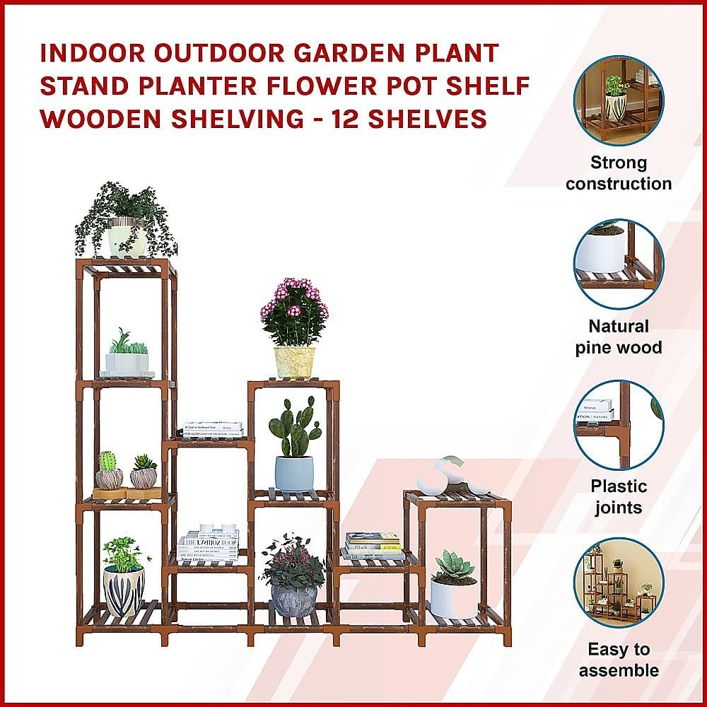 Indoor Outdoor Garden Plant Stand Planter Flower Pot Shelf Wooden Shelving - 12 Shelves - V63-836011 Indoor Outdoor Garden Plant Stand Planter Flower Pot Shelf Wooden Shelving - 12 Shelves - Image 3