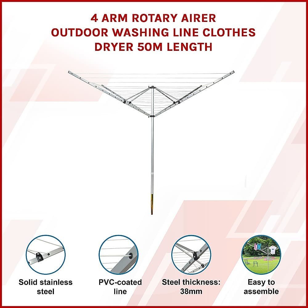4 Arm Rotary Airer Outdoor Washing Line Clothes Dryer 50m Length - V63-836191 4 Arm Rotary Airer Outdoor Washing Line Clothes Dryer 50m Length - Image 3