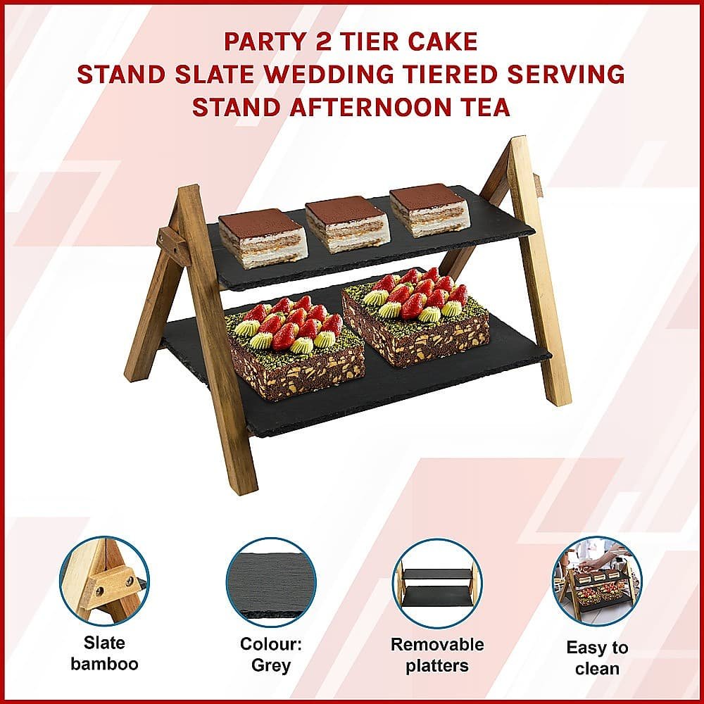Party 2 Tier Cake Stand Slate Wedding Tiered Serving Stand Afternoon Tea - V63-837241 Party 2 Tier Cake Stand Slate Wedding Tiered Serving Stand Afternoon Tea - Image 3