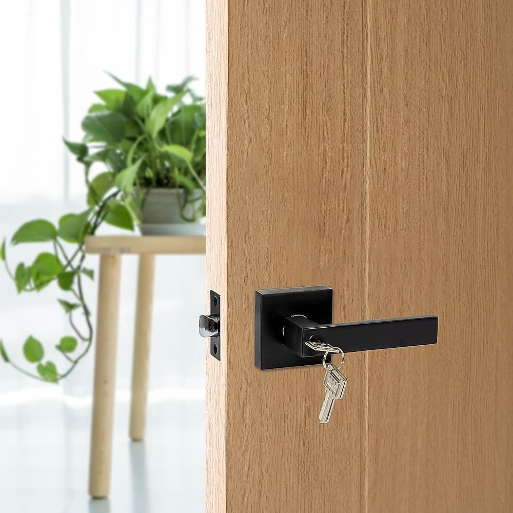 Door Handle Set Lever Key Lock Function Square Black - V63-837381 Door Handle Set Lever Key Lock Function Square Black - Image 2