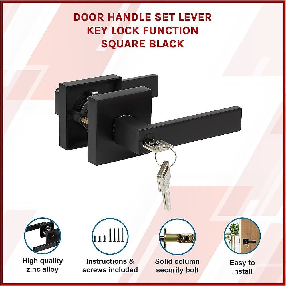 Door Handle Set Lever Key Lock Function Square Black - V63-837381 Door Handle Set Lever Key Lock Function Square Black - Image 3