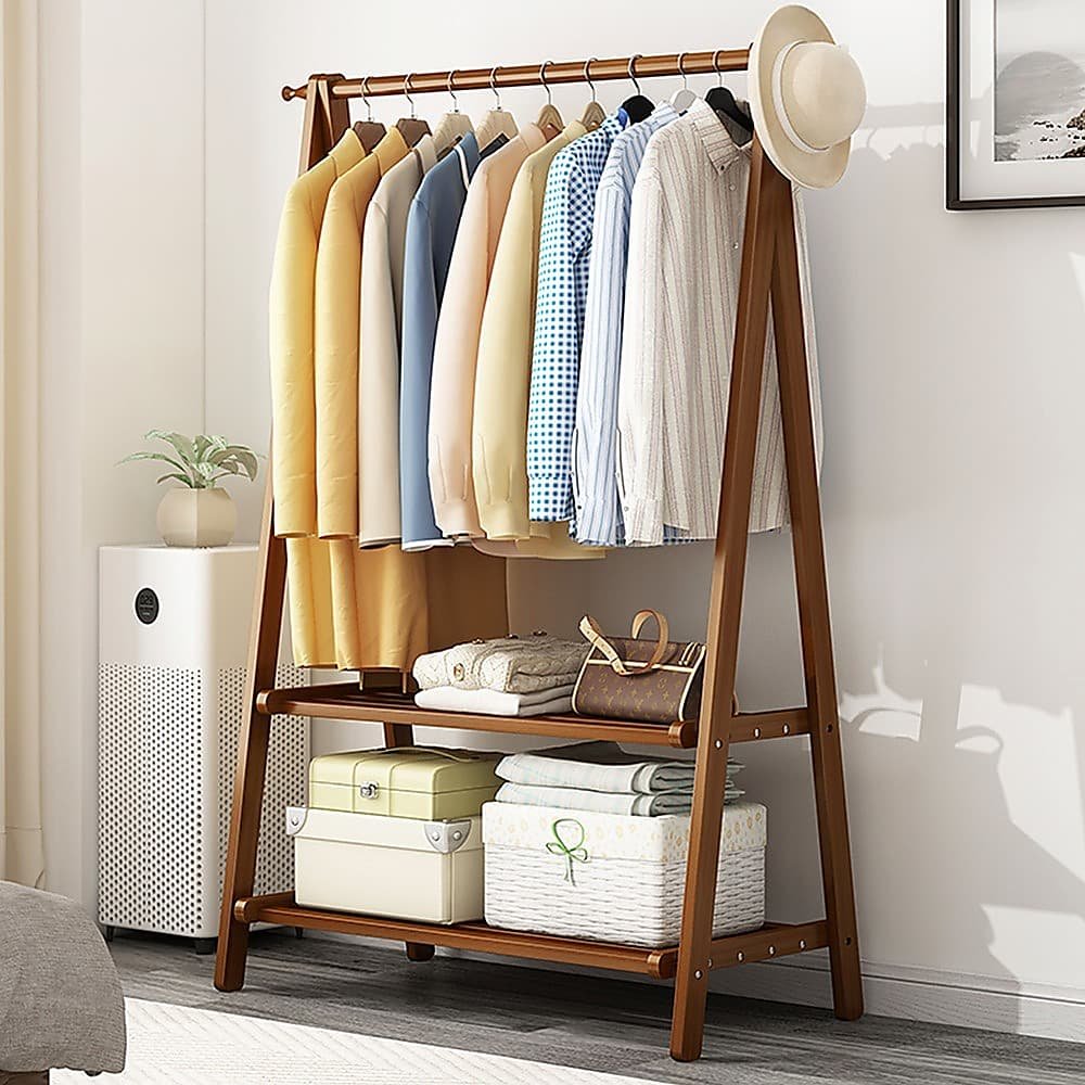 Portable Clothes Rack Coat Garment Stand Bamboo Rail Hanger Airer Closet - V63-838131 Portable Clothes Rack Coat Garment Stand Bamboo Rail Hanger Airer Closet - Image 2