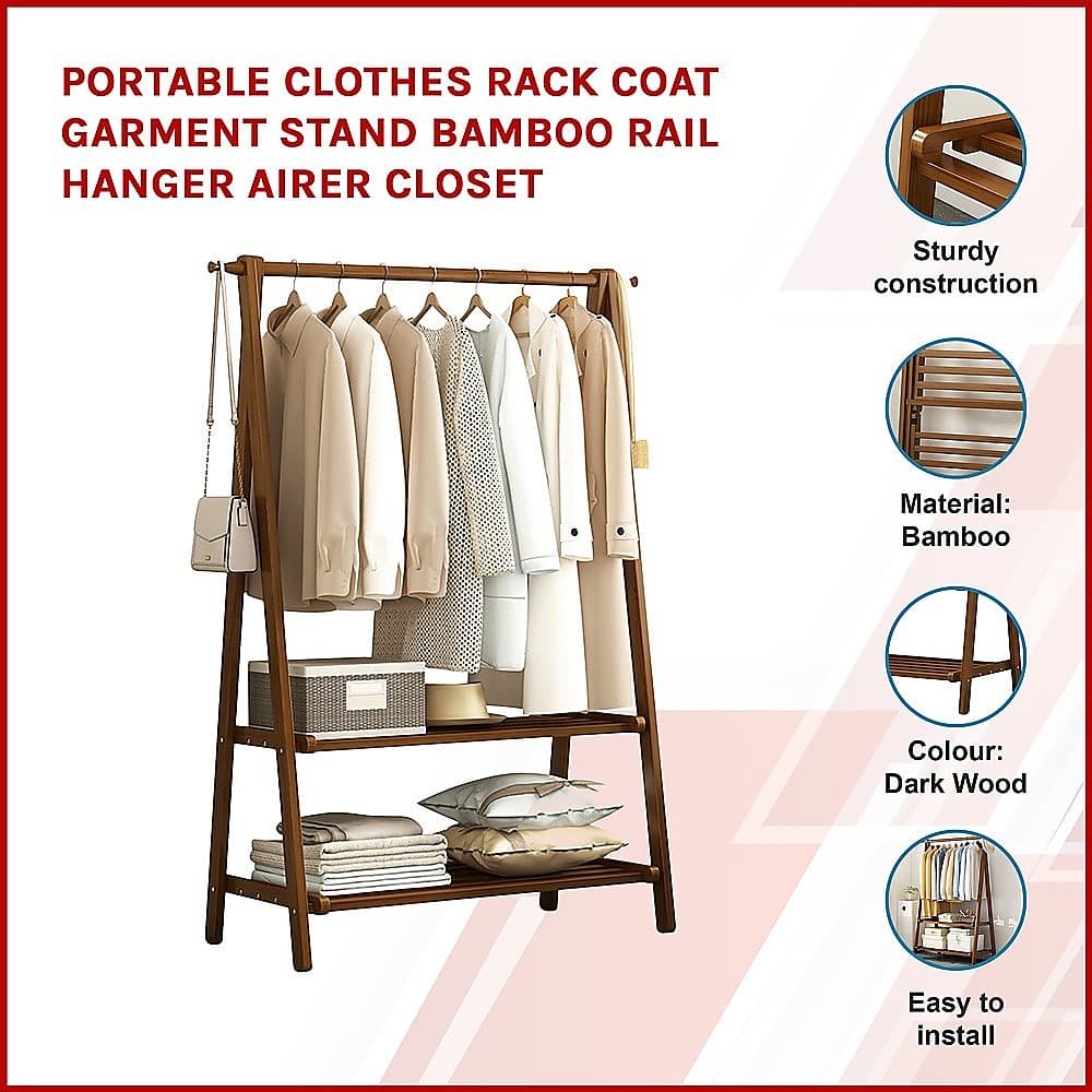 Portable Clothes Rack Coat Garment Stand Bamboo Rail Hanger Airer Closet - V63-838131 Portable Clothes Rack Coat Garment Stand Bamboo Rail Hanger Airer Closet - Image 3