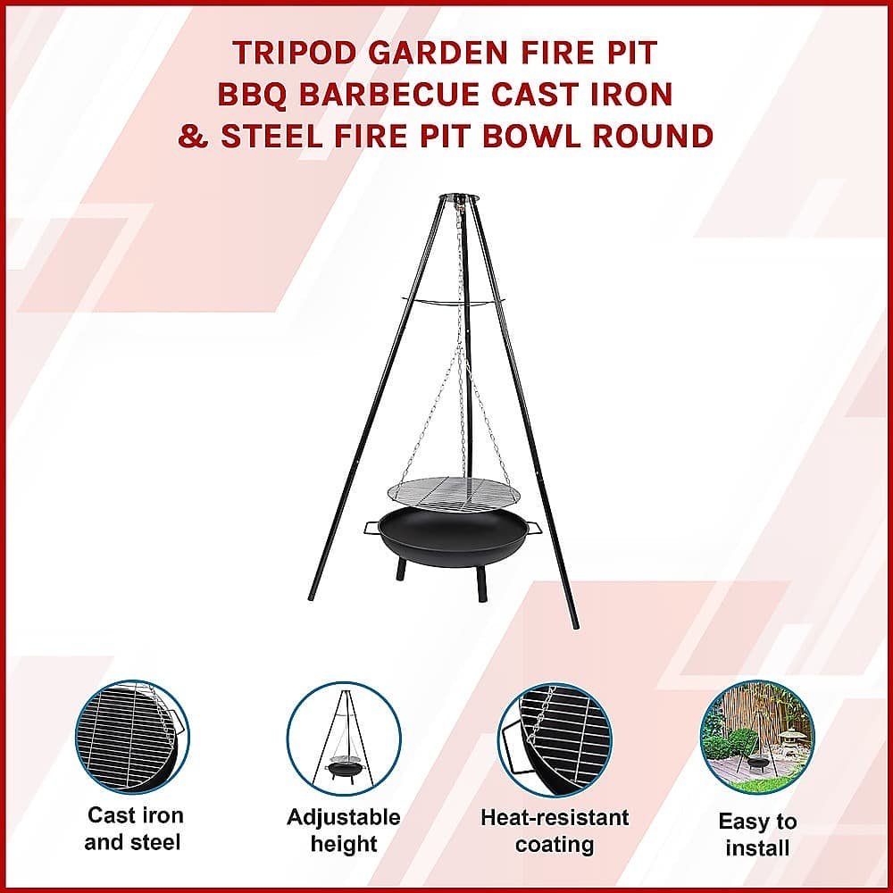 Tripod Garden Fire Pit BBQ – Cast Iron & Steel Round Outdoor Fire Bowl - V63-838851 Tripod Garden Fire Pit BBQ – Cast Iron & Steel Round Outdoor Fire Bowl - Image 3