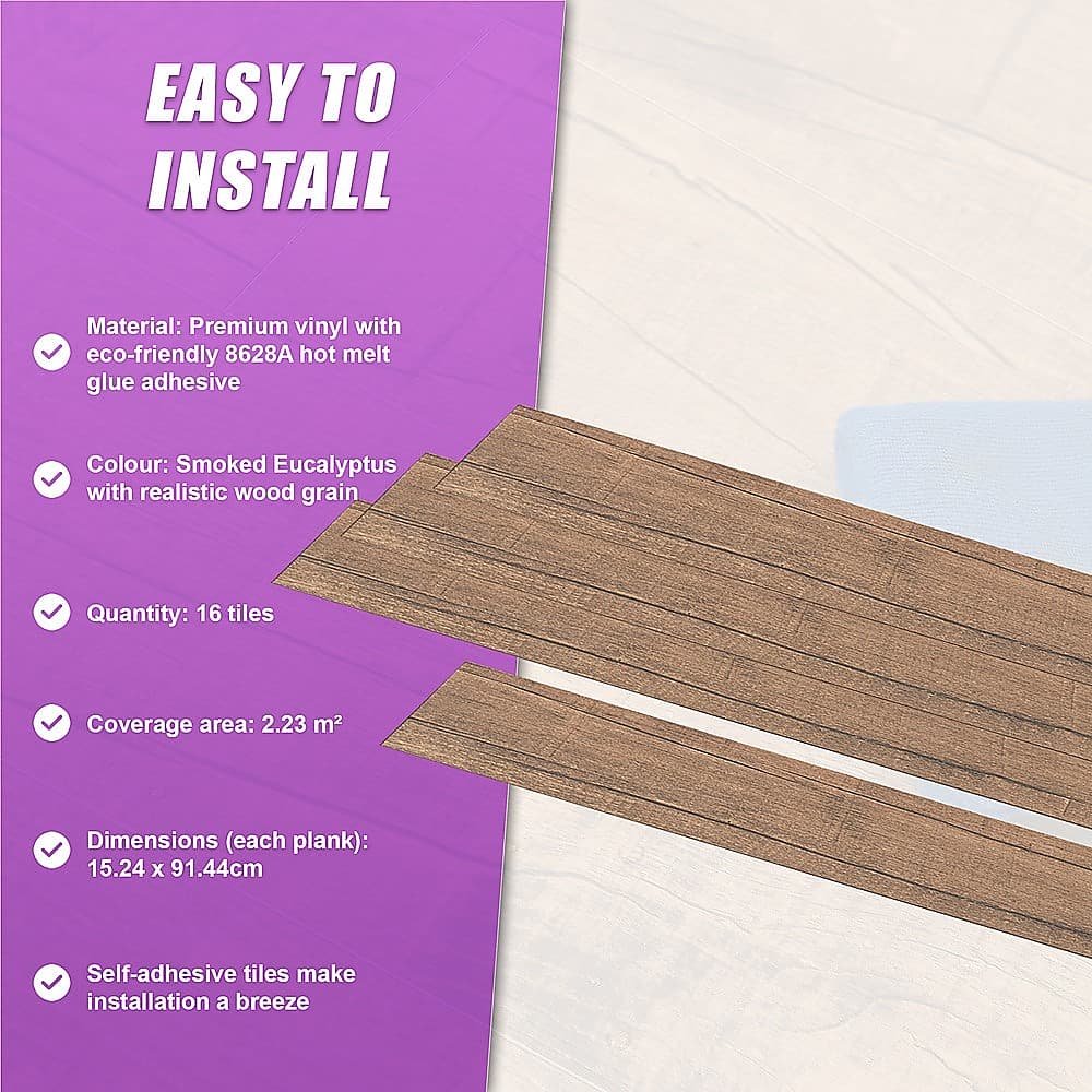 Vinyl Floor Tiles Self Adhesive Flooring Smoked Eucalyptus Wood Grain 16 Pack 2.3SQM - V63-840001 Vinyl Floor Tiles Self Adhesive Flooring Smoked Eucalyptus Wood Grain 16 Pack 2.3SQM - Image 10