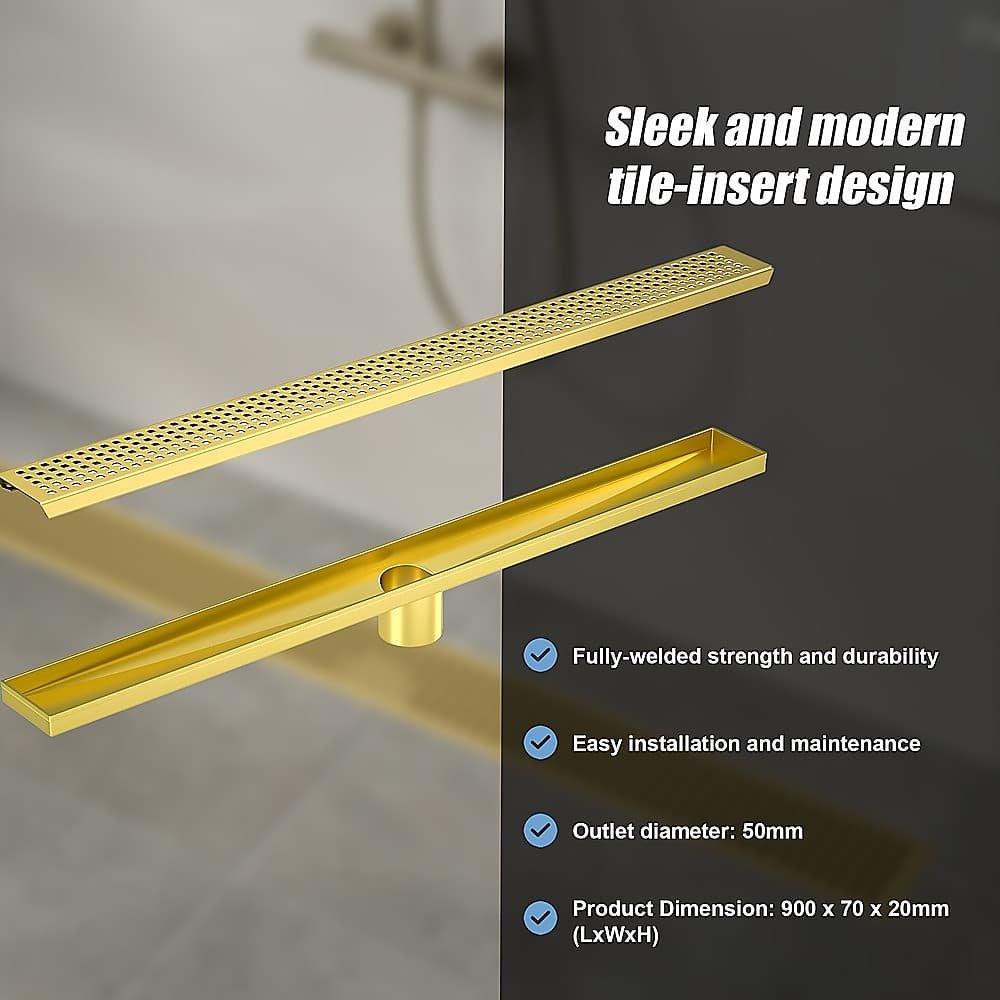 900mm Bathroom Shower Brushed Brass Grate Drain w/ Centre outlet Floor Waste Square Pattern - V63-844701 V63 844701 143409 00