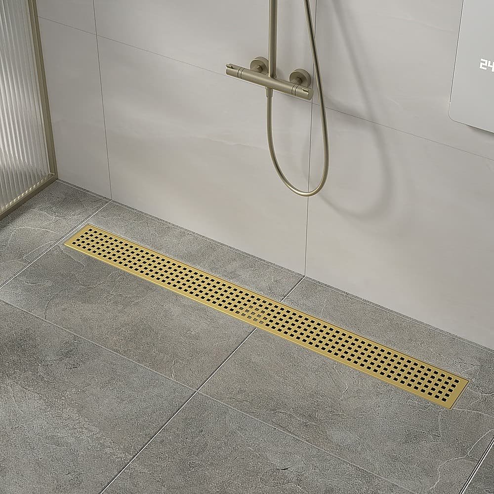 900mm Bathroom Shower Brushed Brass Grate Drain w/ Centre outlet Floor Waste Square Pattern - V63-844701 V63 844701 143409 01