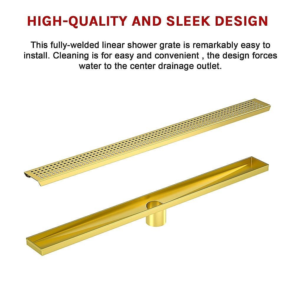 900mm Bathroom Shower Brushed Brass Grate Drain w/ Centre outlet Floor Waste Square Pattern - V63-844701 V63 844701 143409 03