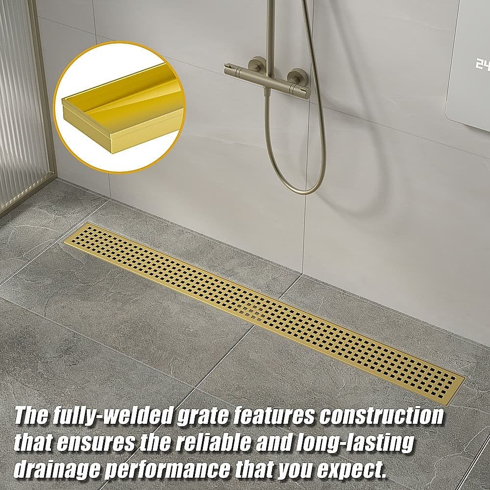 900mm Bathroom Shower Brushed Brass Grate Drain w/ Centre outlet Floor Waste Square Pattern - V63-844701 V63 844701 143409 04