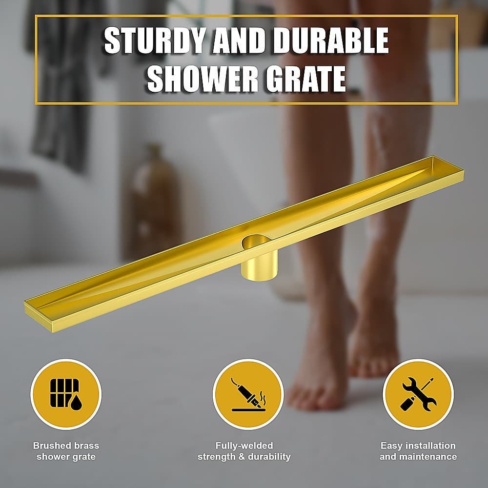 900mm Bathroom Shower Brushed Brass Grate Drain w/ Centre outlet Floor Waste Square Pattern - V63-844701 V63 844701 143409 05