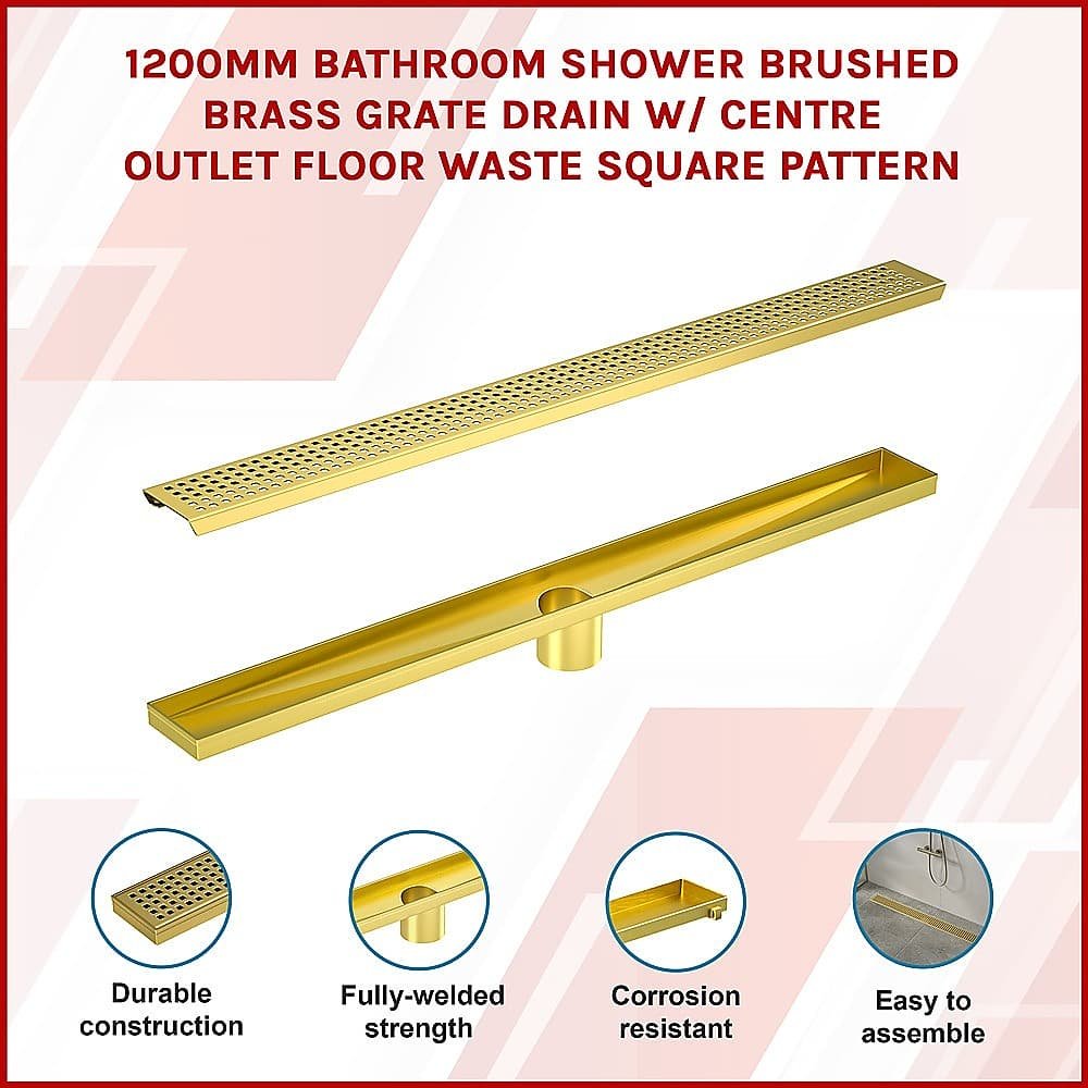 1200mm Bathroom Shower Brushed Brass Grate Drain w/ Centre outlet Floor Waste Square Pattern - V63-844721 V63 844721 143390 02