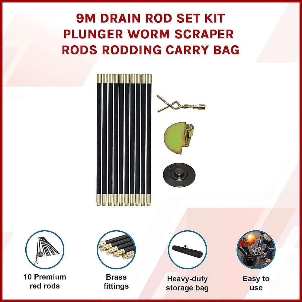 9m Drain Rod Set Kit Plunger Worm Scraper Cleaning Rods Rodding Carry Bag - V63-952311 V63 952311 202506251106 00