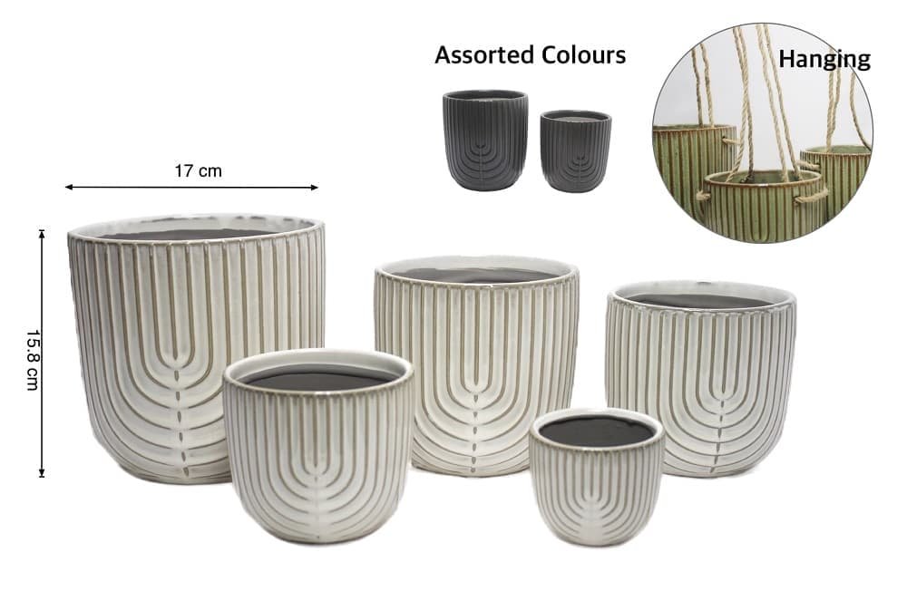 bulk 6 Ripple Ceramic Planter w Hanging Rope Assort 17cm - V637-CVA30986 V637 CVA30986 202508251945 00