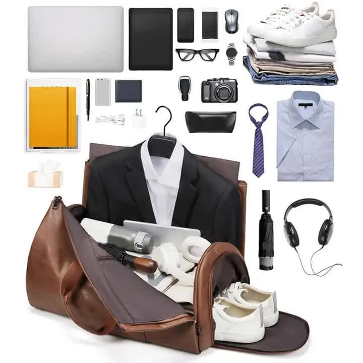 Champagne PU Leather Travel Duffel Bag - Large Capacity Waterproof Suit Bag with Shoe Compartment - V888-Elosung11573 V888 ELOSUNG11573 209530 03