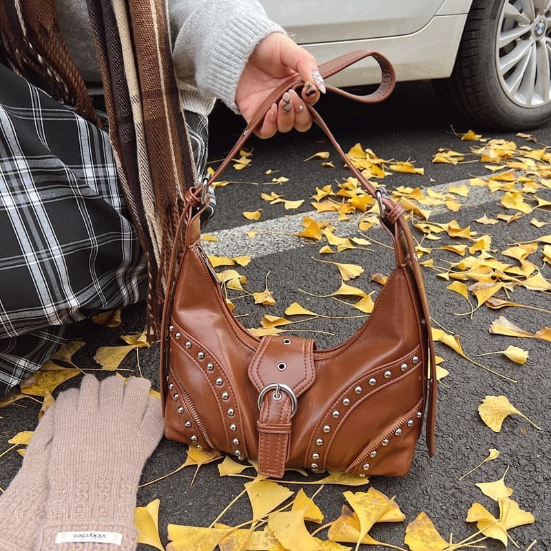 Brown Vintage Studded PU Leather Shoulder Bag with Adjustable Strap - V888-Elosung12847 V888 ELOSUNG12847 213531 02
