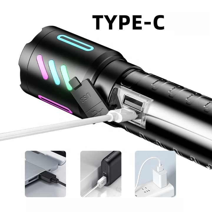 LED Rechargeable Laser Flashlight – Multifunctional Type-C Strong Light Torch with Adjustable Zoom - V888-Elosung13556 V888 ELOSUNG13556 212188 04