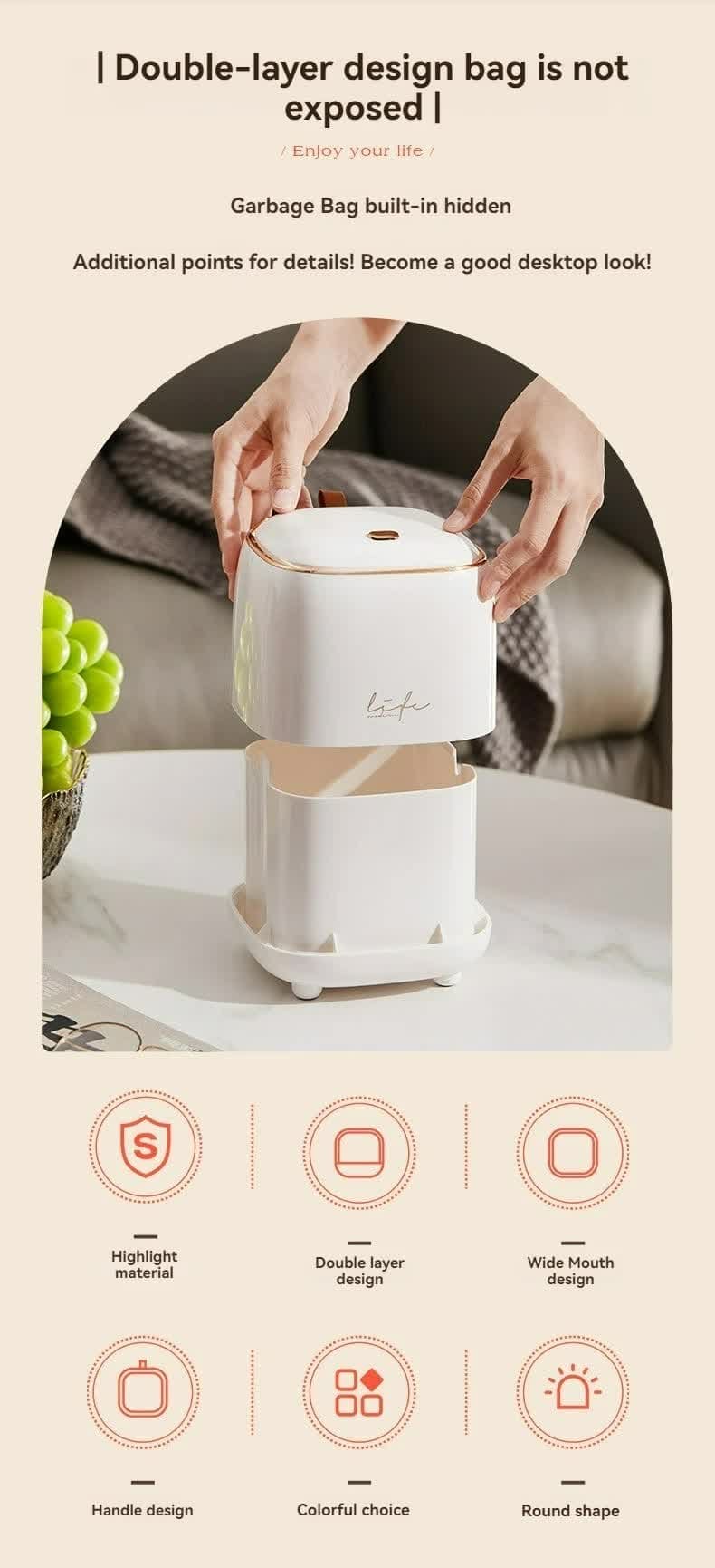 Light Green Portable Tabletop Trash Can with Dual-Layer Design - Convenient for Desk Organization - V888-Elosung17761 V888 ELOSUNG17761 223245 04