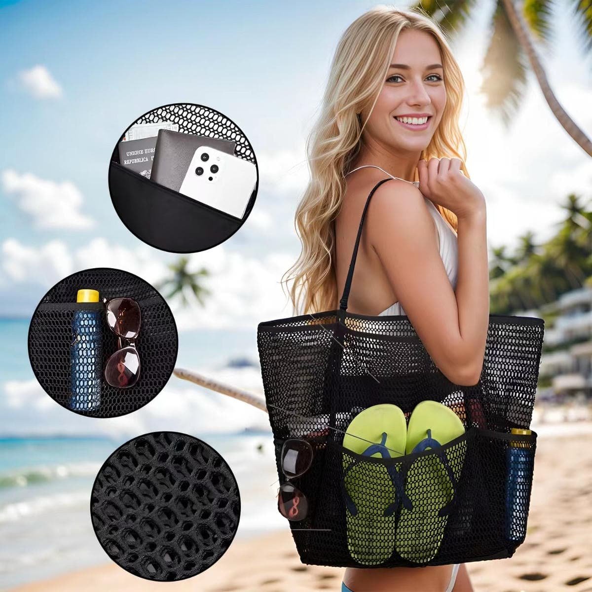 Brown Double Layer Mesh Beach Bag - Large Capacity - V888-Elosung19840 V888 ELOSUNG19840 202503180946 02