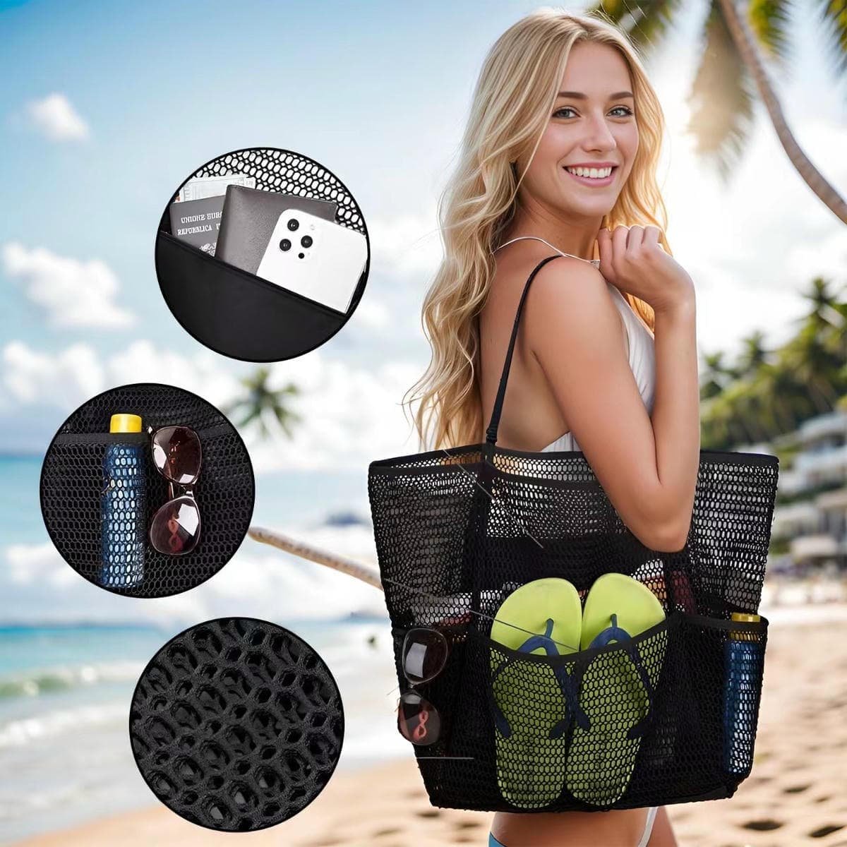 Beige Double Layer Mesh Beach Bag - Large Capacity - V888-Elosung19844 V888 ELOSUNG19844 202503181031 02