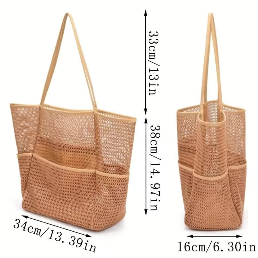 Beige Double Layer Mesh Beach Bag - Large Capacity - V888-Elosung19844 V888 ELOSUNG19844 202503181031 03