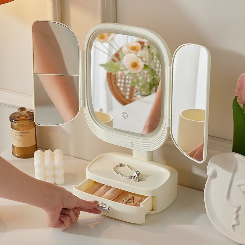 Milky White LED Lighted Tri-Fold Makeup Mirror with Storage Drawer & Magnification(USB Charging Port) - V888-Elosung21492 V888 ELOSUNG21492 202503031020 01