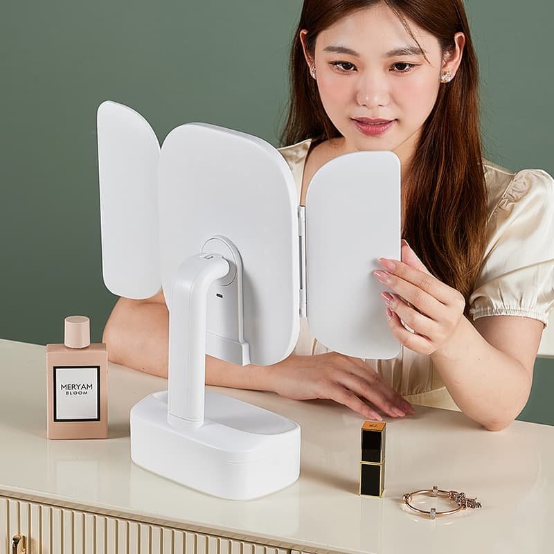 Milky White LED Lighted Tri-Fold Makeup Mirror with Storage Drawer & Magnification(USB Charging Port) - V888-Elosung21492 V888 ELOSUNG21492 202503031020 02