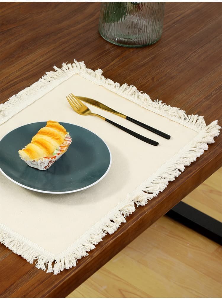4 PCS Beige Cotton Linen Placemat with Fringe - Solid Color Table Mat for Dining (45X30CM) - V888-Elosung22390 V888 ELOSUNG22390 202503261153 01