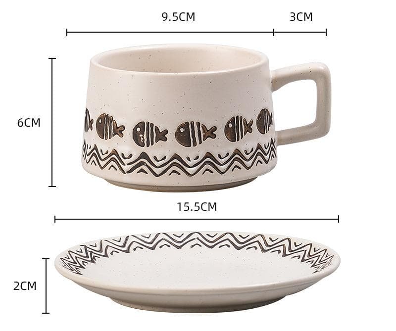 Vintage Ceramic Coffee Cup and Saucer Set - Elegant Afternoon Tea Set(Wave Fish White) - V888-Elosung25528 V888 ELOSUNG25528 202504281306 00