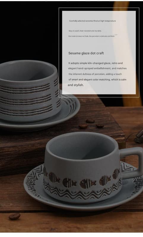 Vintage Ceramic Coffee Cup and Saucer Set - Elegant Afternoon Tea Set(Wave Fish White) - V888-Elosung25528 V888 ELOSUNG25528 202504281306 03