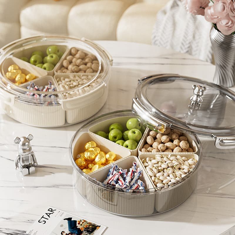 Beige And Silver Snap Button Elegant Compartment Serving Tray with Lid - Versatile Snack, Fruit & Candy Box - V888-Elosung27101 V888 ELOSUNG27101 202504221136 01